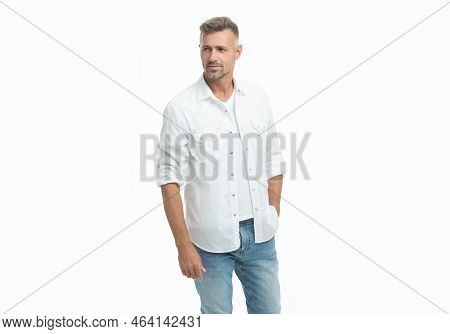 Charismatic Grizzled Guy Style. Studio Shot Of Grizzled Guy. Mature Grizzled Guy Isolated On White