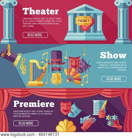 Theatre Vector Flat Banners Set. Premiere Theater, Show Theater Web Page Theater, Banner Theater, Po