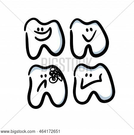 Funny Cartoon Teeth Collection Hand Drawn In Doodle Style.