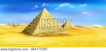 Great Pyramids Of Giza In Egypt On A Sunny Day. Digital Painting Background, Illustration.