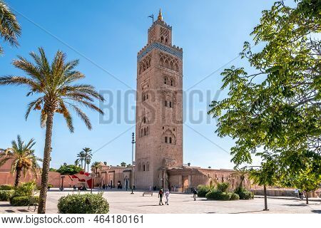 Marrakesh,morocco - September 28,2022 - View At The Koutoubia Mosque In The Sreets Of Marrakesh. Mar