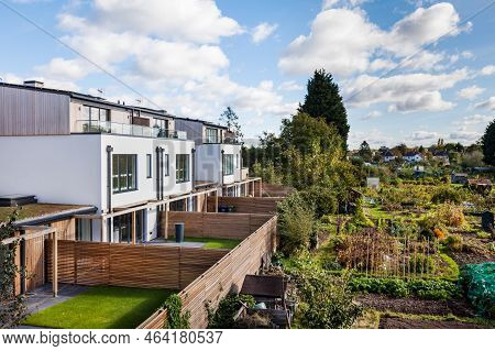 Glebe Close, Cambridge, England - October 5 2017: Infill City Housing Development Overlooking Allotm