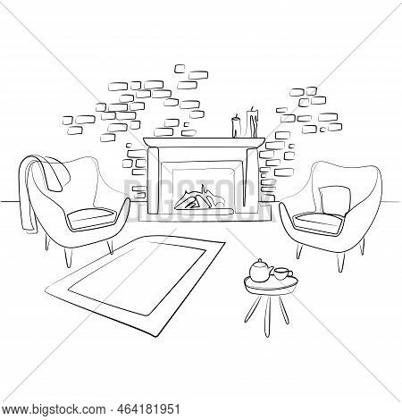 Home Interior With Fireplace And Two Armchairs,coffee Table,brick Wall,line Drawing In Sketch Style 