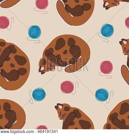 Seamless Pattern With Kittens And Balls. Domestic Cat With Balls Of Thread. Background Design For Ba