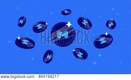 Polygon Matic Coins Falling From The Sky. Matic Cryptocurrency Concept Banner Background.