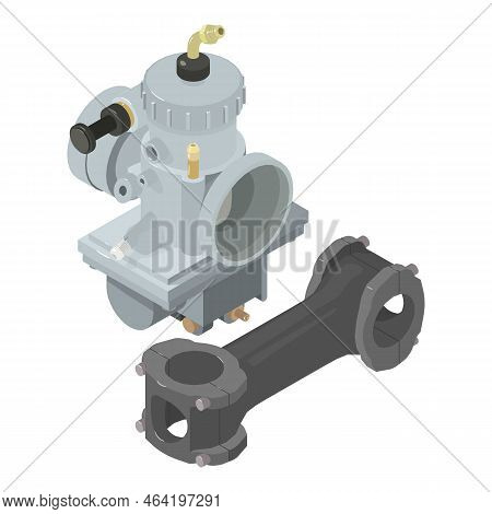 Car Equipment Icon Isometric Vector. New Carburetor And Black Metallic Stem Icon. Automotive Spare P