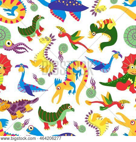 Cute Baby Dinosaurus Pattern. Dinosaur Cartoon Jurassic Predator Vector. Children Background With Co