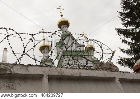 Church Christian Temple Mountain Behind The Barbered Wire Photo