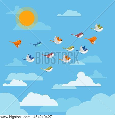 Cartoon Flying Birds In The Sky With Clouds And Sun Vector Illustration. Group Of Birds In Blue Sky
