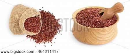 Red Quinoa Seeds In Bag Isolated On White Background With Full Depth Of Field. Top View. Flat Lay.