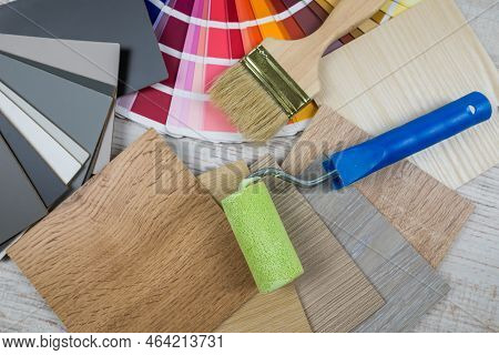 Colour Swatches Book With Wooden Sampler, Paint Brush, Renovation Concept