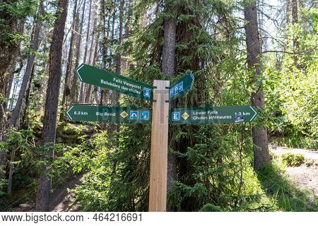 Jasper, Alberta, Canada - July 12, 2022: Sign For Directions To Various Viewpoints Of Sunwapta Falls