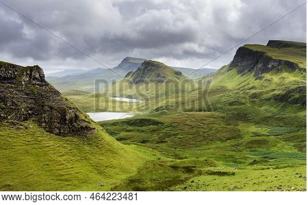 Quraing Mountains And Lakes Landscape,summer Season,the Isle Of Skye,highlands Of Scotland,uk.
