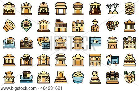 Cambodia Icons Set Outline Vector. Asia Architecture. Costume Map Color Flat Isolated
