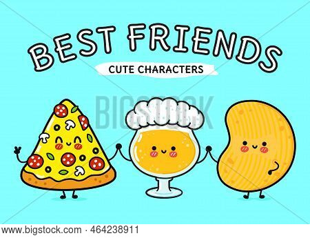 Cute, Funny Happy Glass Of Beer, Pizza And Chips. Vector Hand Drawn Cartoon Kawaii Characters, Illus