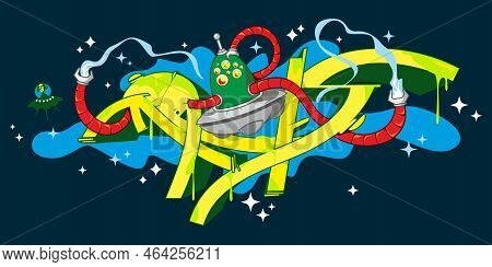Abstract Word Mals Graffiti Style Font Lettering With Alien Piloting A