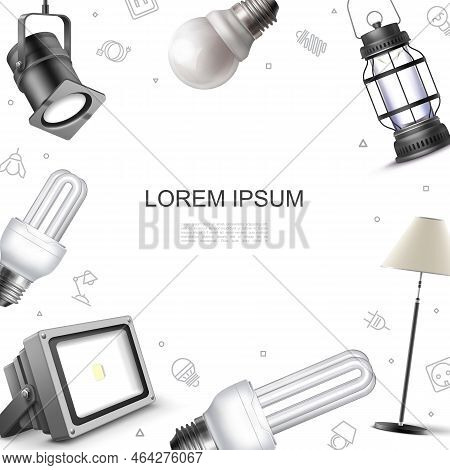 Realistic Lighting Elements Template With Spotlights Floor Lamp Lightbulbs And Lantern Vector Illust
