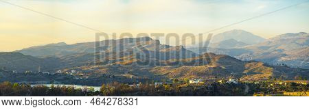 Stunning Wide Panoramic Drone Shot Of Amazing Turkish Mountains Cape Of Manavgat Baraji. Summer Holi