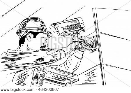 Technician Installing Webcam On Wall, Installing Cctv Wireless Camera For Security Sketch Drawing,  