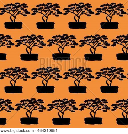 Black Orange Contrast Desert Seamless Pattern For Textile Illustration With A Tree Growing In The De