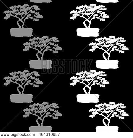 Black And White Tree, Decorative Vector Illustration Seamless Pattern For Textile, Simple Floral Orn