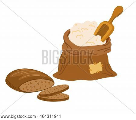 Bags Flour, Wheat Ears And Bread. Wheat, Rye, Rye Ear, Symbol Of Farming, Bread, Harvest. Whole Grai
