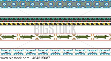 Vector Set Of Seamless Colored Border Ornaments. Native American Tribal Framework.