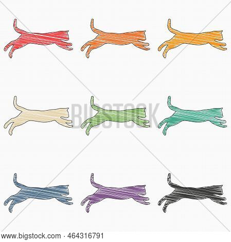 Silhouette Of A Cat Made In The Style Of A Sketch. Children's Multicolored Doodles. Vector Illustrat