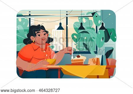 Middle-aged Woman Eating Cake And Drinking Coffee In Cafe Vector Illustration. Coffee Time Flat Conc