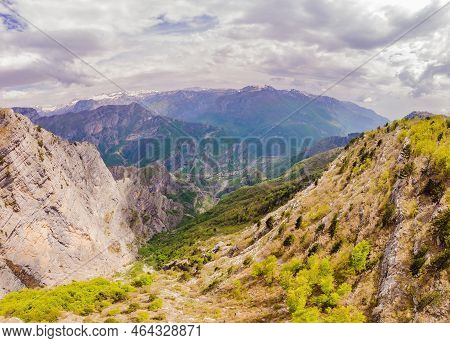 Breathtaking Panoramic View Of The Grlo Sokolovo Gorge In Montenegro. In The Foreground Is A Mountai