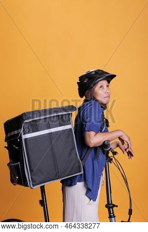 Restaurant Courier Carrying Takeout Food Backpack Delivering Pizza Meal To Client, Deliverywoman Job