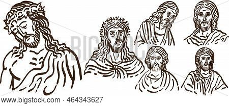 Vintage Jesus Christ Retro Vector Art Illustration Multiple Faces Messiah Religious Christian Artwor