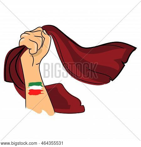 Iranian Protest Against Hijab Concept.woman Hand Holding Airborne Hijab With Flag Of Iran On Hand Ve