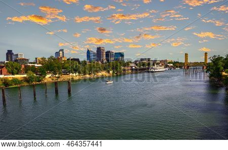 Sunset Above Sacramento Skyline, Sacramento River And Tower Bridge In California.