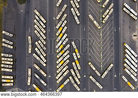 Herringbone Pattern Made Of Various Buses And Coaches Standing At A Bus Depot. Transportation And Co