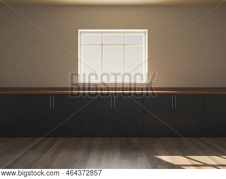 A Closeup View Of An Empty Wooden Kitchen Countertop Facing A Sinled Window Looking Outwards In The 