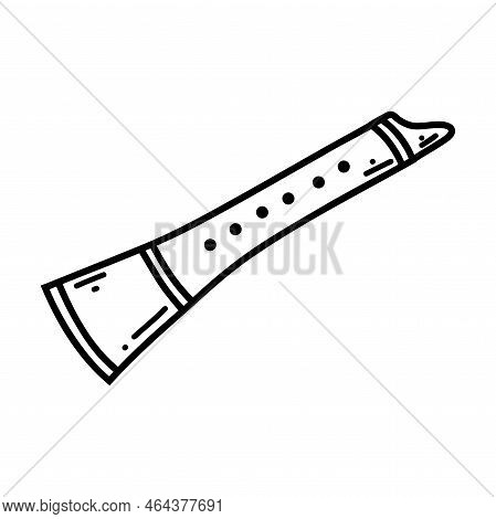 Doodle Flute, Pipe. Vector Sketch Illustration Of Musical Instrument, Black Outline Art For Web Desi