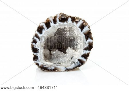 Hyaline Quartz With Agate Geode Isolated On White Background. A Cross Section Of Pure, Clear Or Colo