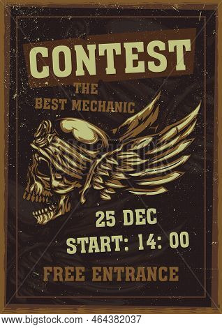 T-shirt Or Poster Design With Illustration Of Skull At Helmet And Wings On The Background
