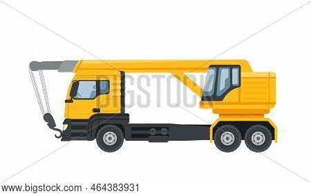 Yellow Crane Truck Heavy Industrial Machine Vector Illustration Isolated On White Background