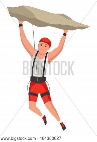 Mountain Climbing Person. Climber Men On Rock Mountain With Equipment. Extreme Outdoor Sports. Man O