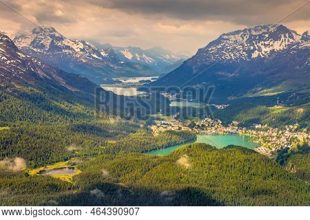 Celerina And Engadine Lakes, St Moritz, Silvaplana And Maloja From Above Muottas Muragl, Switzerland