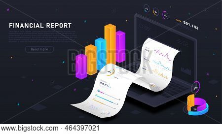 Financial Report Concept. Check On Laptop Screen Next To Charts. Accounting And Financial Literacy. 