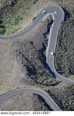 Cars On A Winding Road. The Nublo Rural Park. La Aldea De San Nicolas. Gran Canaria. Canary Islands.