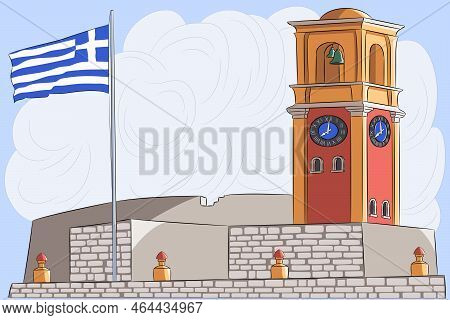 Tower And Greek Flag In An Old Fortress In Corfu.