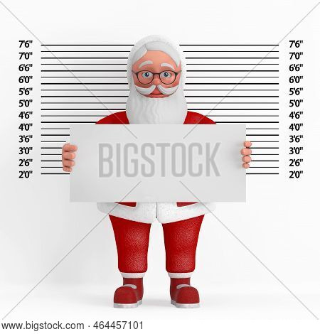 Cartoon Cheerful Santa Claus Granpa With Identification Plate In Front Of Police Lineup Or Mugshot B