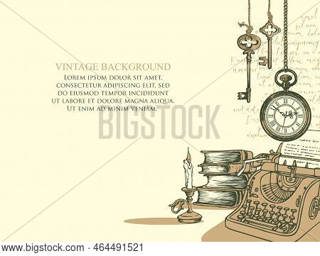 Vector Banner On A Writers Theme With Sketches And Place For Text. Writer Workspace. Vintage Illustr