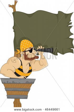 Illustration of Male Pirate in Crow's Nest with Blank Flag