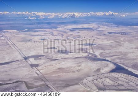 Salt Flats In Utah. Aerial View,salt Flats Landscape. Blue Sky And Snow-white Salt Soil. Bonneville 