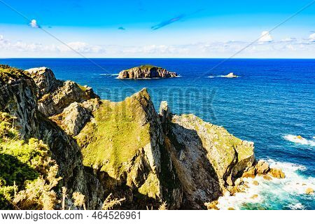 Seascape Of Atlantic Ocean And Asturias Rocky Coast At Cape Penas. Sea Shore With High Cliffs In Nor